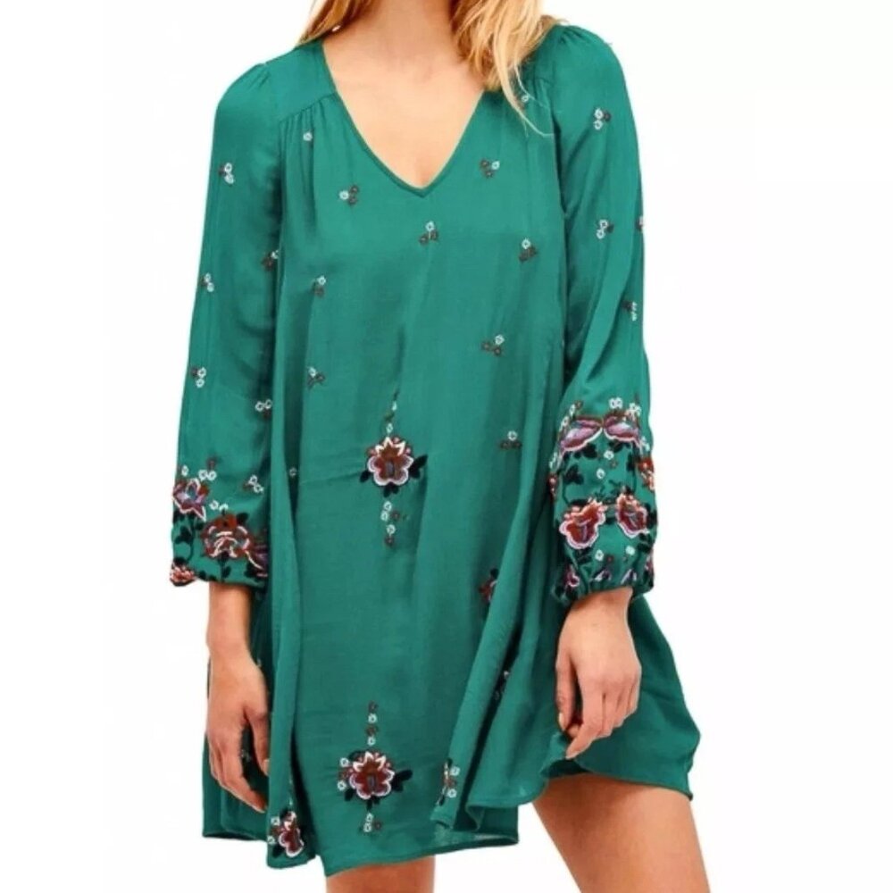 FREE PEOPLE Green Oxford Embroidered Swing Mini Dress Sz S